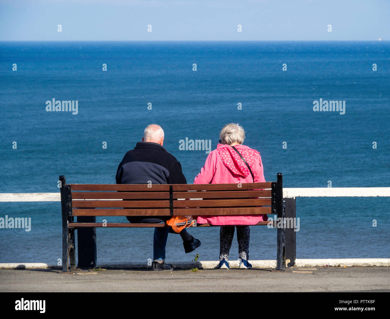 Medio bianco invecchiato giovane su un banco che si affaccia sul mare a Saltburn North Yorkshire su un fine soleggiato giornata autunnale Foto Stock
