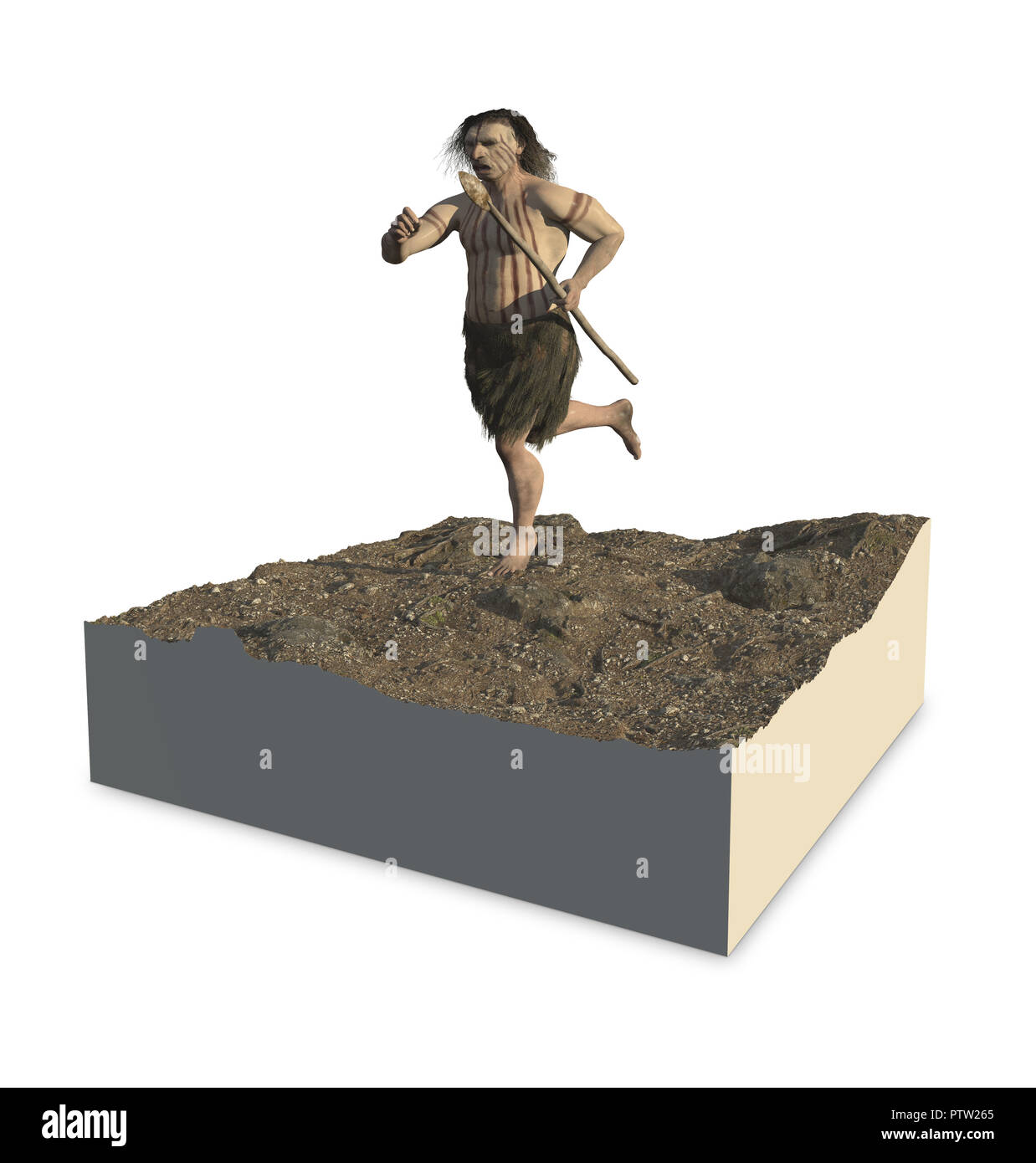 Illustrazione digitale e 3d rendering di un uomo Neandertal Foto Stock