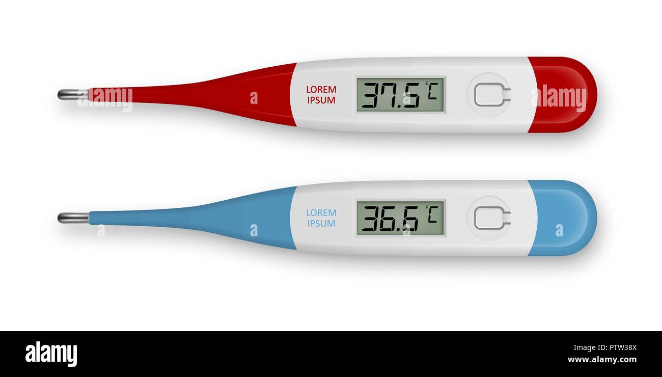 Vettore 3d realistiche celsius electronic medical termometro per misurare  closeupisolated set. Febbre 37,5 e 36,6 normale. Modello di progetto di un  termometro digitale che mostra la temperatura. Vista superiore Immagine e  Vettoriale - Alamy