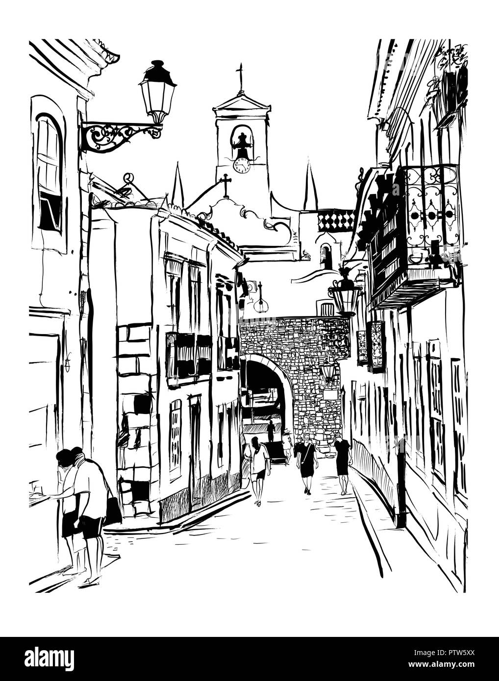 Case bianche nel centro storico della città di Faro in Portogallo - illustrazione vettoriale Illustrazione Vettoriale