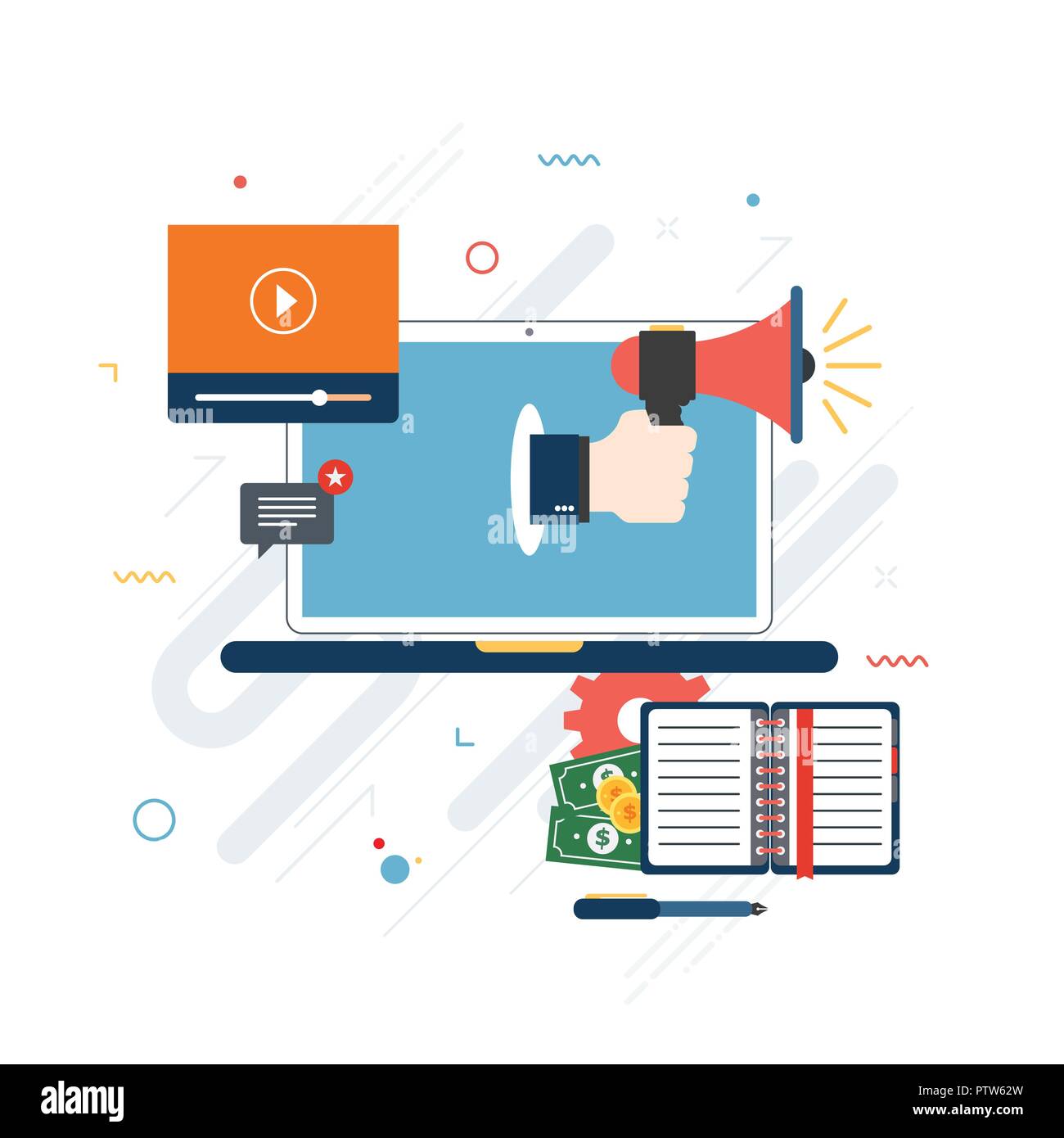 Mani con megafono. Calendario, laptop e icone di denaro. Icona del business e dello schermo del computer e della comunicazione. Concetto di business, le finanze e il successo Illustrazione Vettoriale