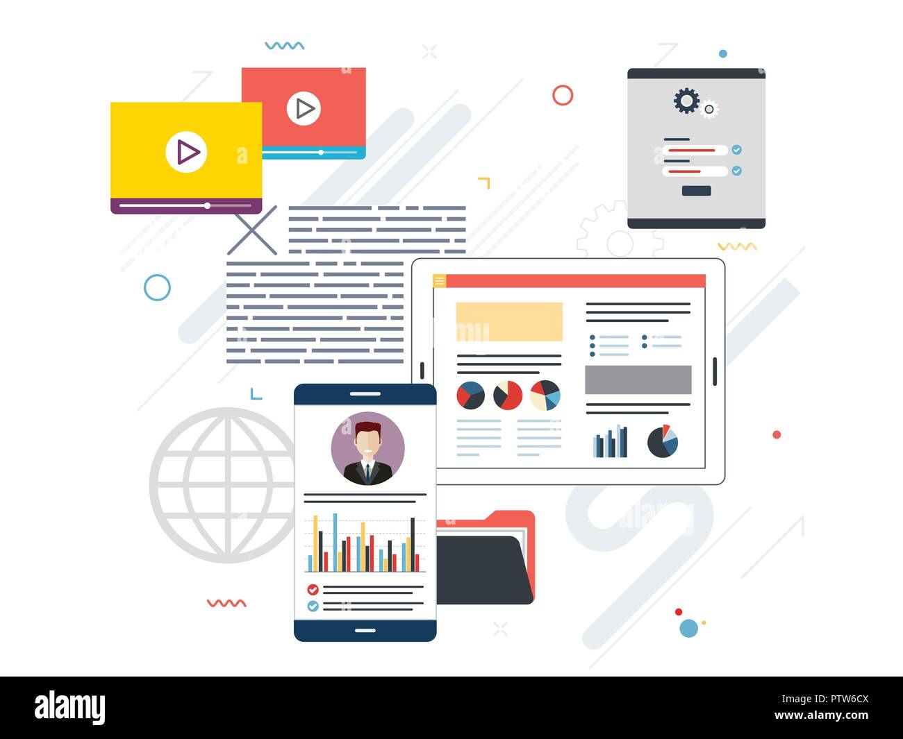 Tavoletta con l'analisi delle prestazioni, portatile e schermo internet con dati, icone di ricerca e la gestione del progetto, sviluppi applicativi. Concetto per suc Illustrazione Vettoriale