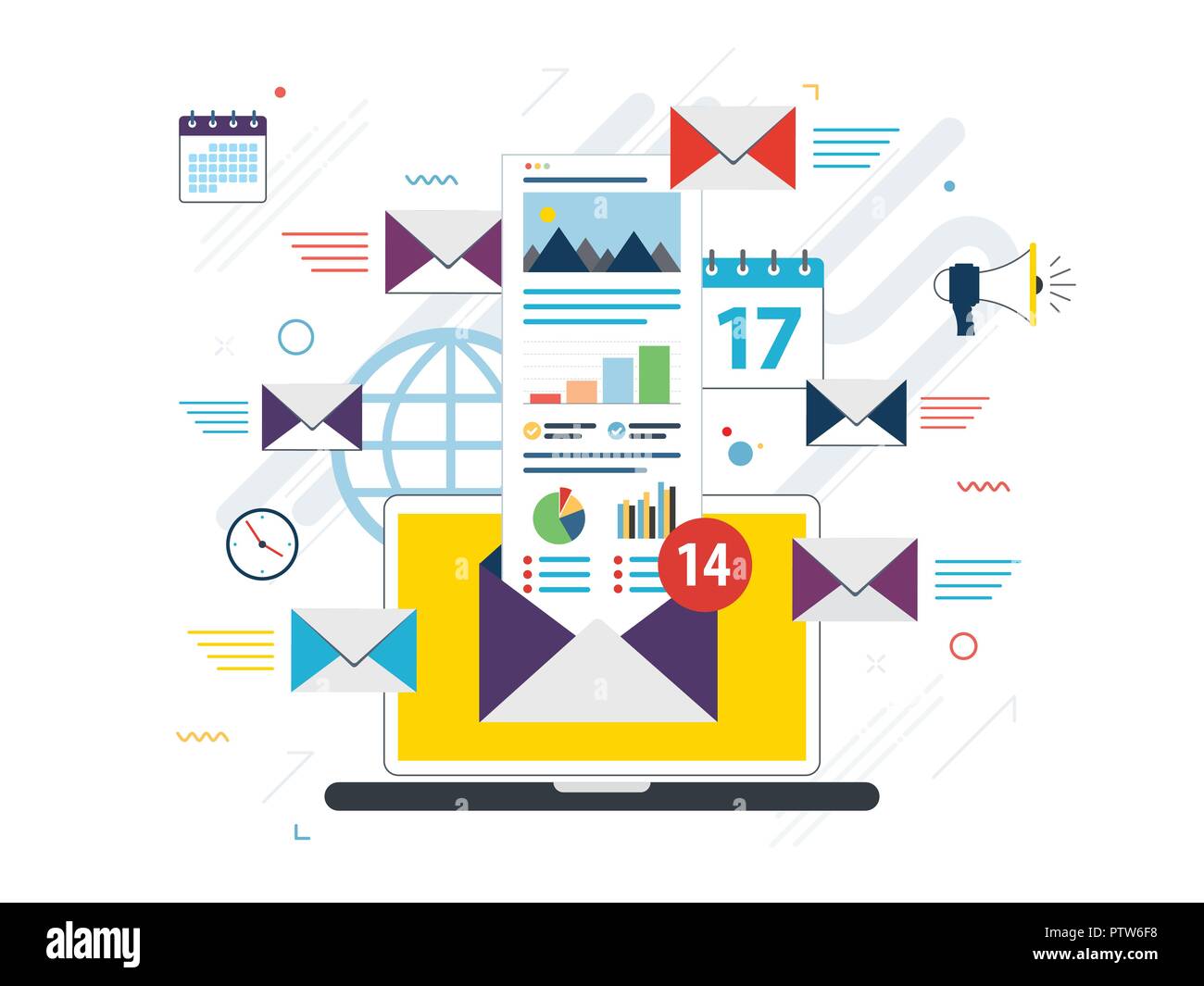 Computer portatile con la busta e aprire la posta elettronica sullo schermo. Email marketing pubblicità su internet i concetti. Appartamento illustrazione vettoriale. Illustrazione Vettoriale