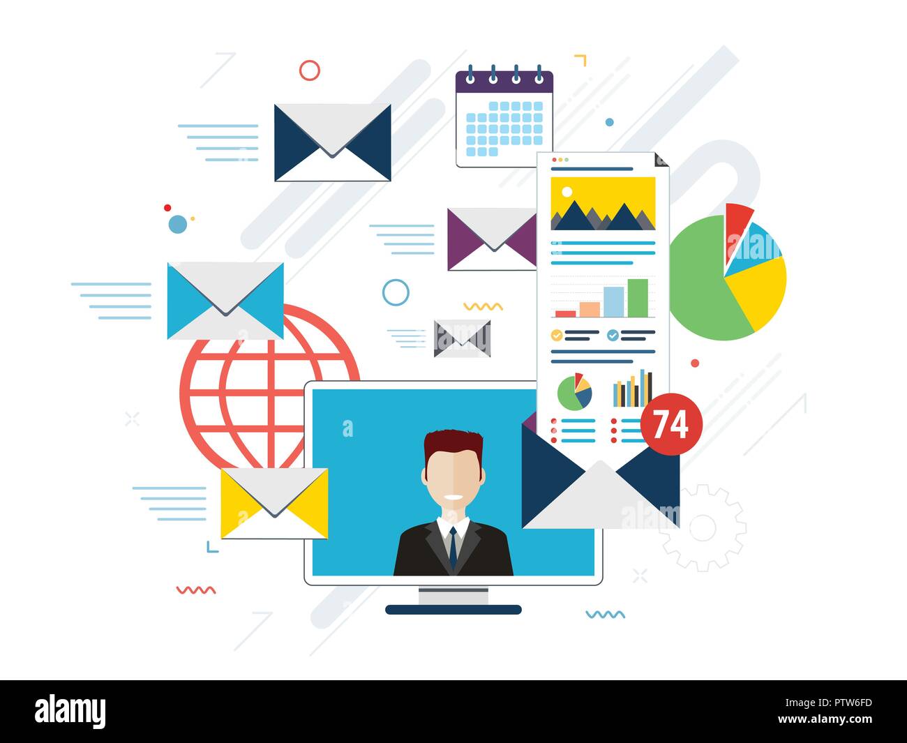Computer portatile con la busta e aprire la posta elettronica sullo schermo. Email marketing pubblicità su internet i concetti. Appartamento illustrazione vettoriale. Illustrazione Vettoriale