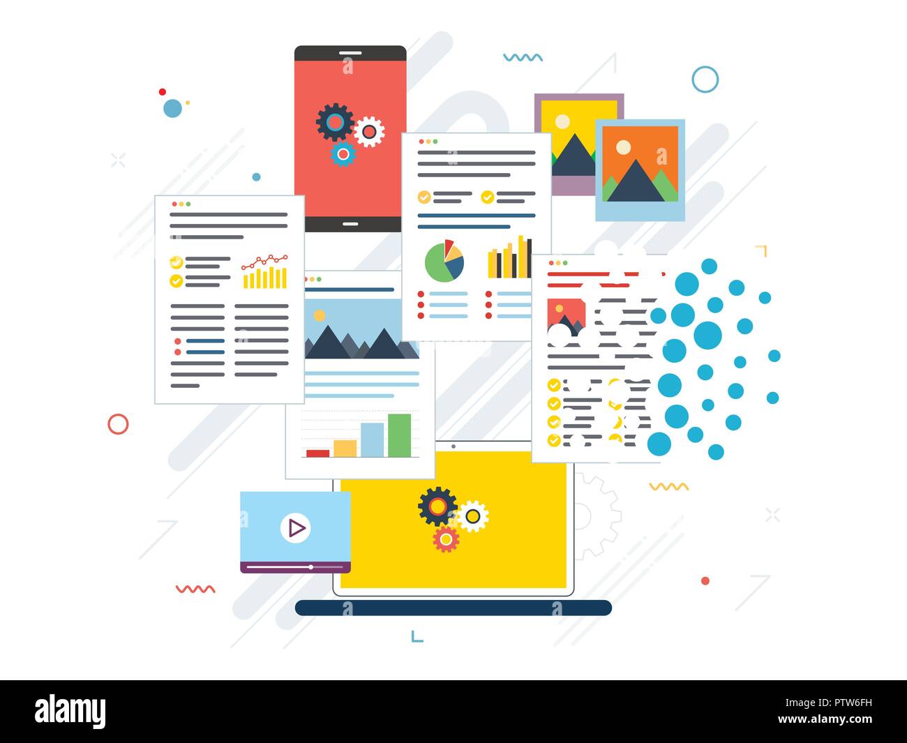 Laptop, computer e telefono cellulare l'eliminazione di file e documenti. Appartamento illustrazione vettoriale. Illustrazione Vettoriale