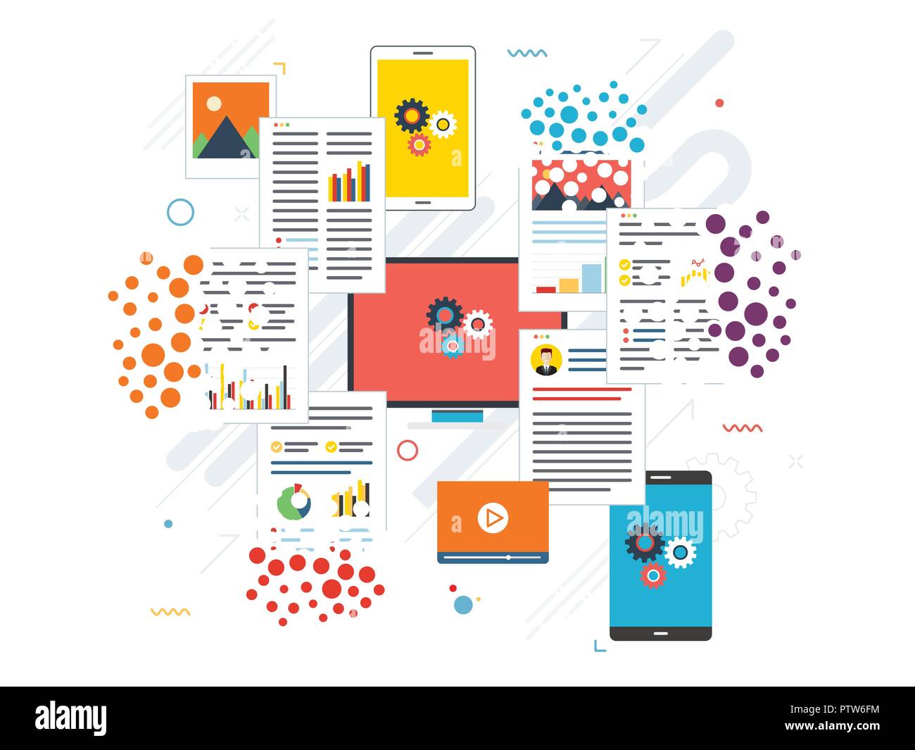 Laptop, computer e telefono cellulare l'eliminazione di file e documenti. Appartamento illustrazione vettoriale. Illustrazione Vettoriale