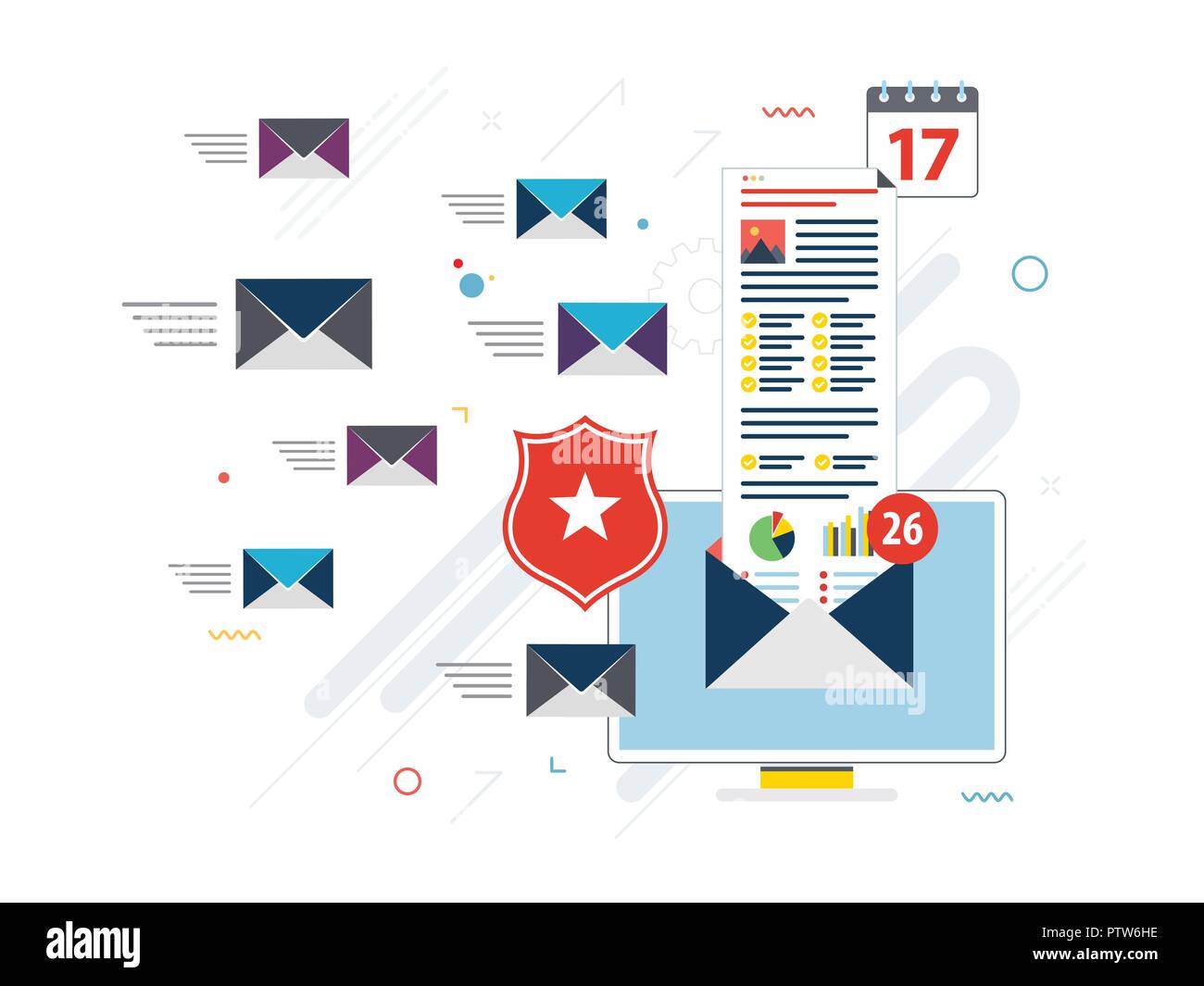 Computer con software antivirus per la protezione, sicurezza e blocco di ricevere spam via posta elettronica. Spam blocker. La protezione della posta elettronica e la comunicazione sicura su i Illustrazione Vettoriale