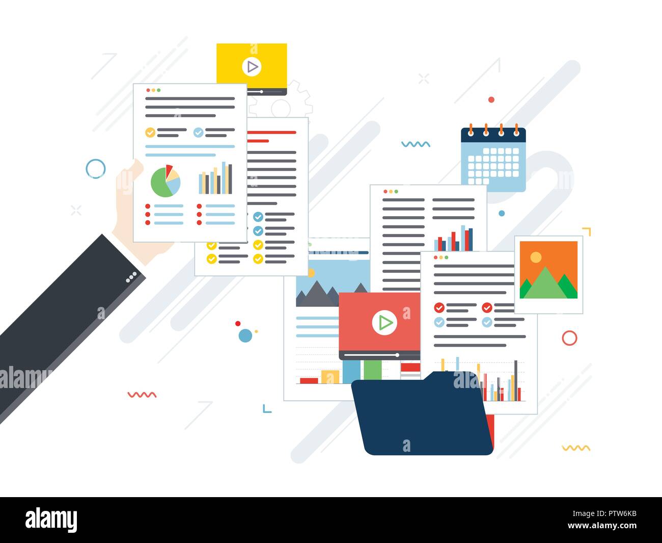 Cartella con documenti finanziari, i file di dati, video e foto. Le mani con i fogli dei dati di analisi. Contratto firma. Documenti aziendali pergamo Illustrazione Vettoriale