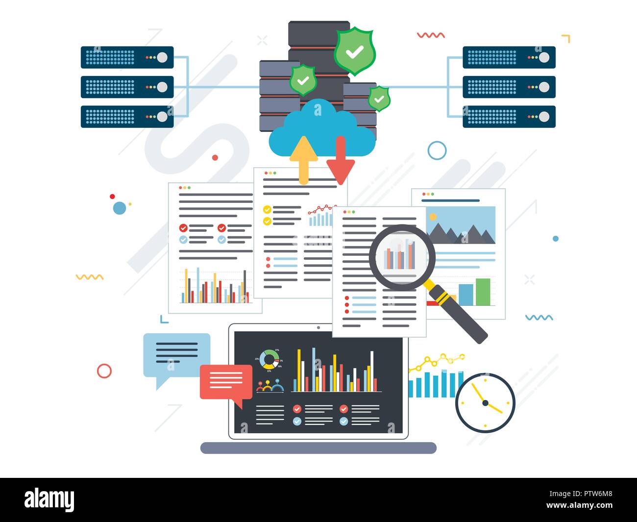 Computer portatile con accesso ai dati dal computer nella cloud. Grandi concetti di analisi dei dati e data mining, cloud computing di dispositivi, dati di rete e di business intelligence. Illustrazione Vettoriale