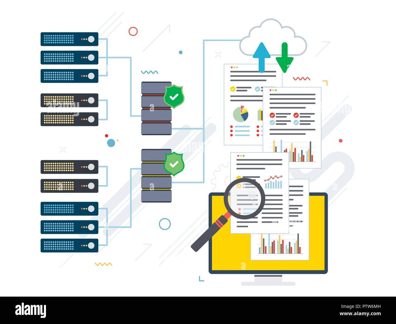 Computer portatile con accesso ai dati dal computer nella cloud. Grandi concetti di analisi dei dati e data mining, cloud computing di dispositivi, dati di rete e di business intelligence. Illustrazione Vettoriale