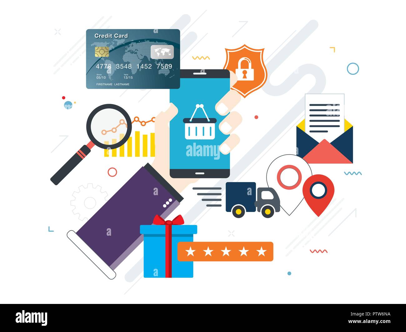 Mani tenendo lo smartphone e lo shopping online schermo.Concetto di shopping online, la ricerca di prodotti e il calcolo di valori, il messaggio di posta elettronica con la data di consegna copie Illustrazione Vettoriale
