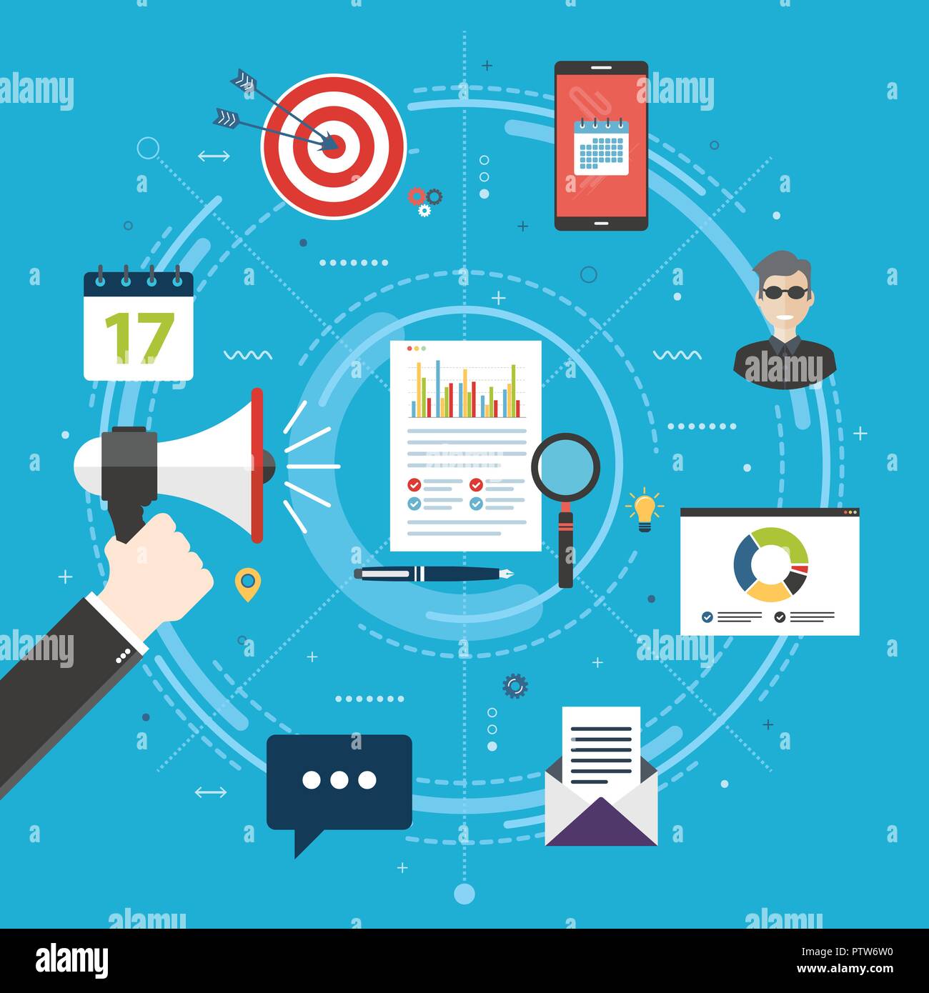 I contenuti di marketing, pubblicità e comunicazione in azienda, il contenuto digitale di promozione. Mano azienda megafono con lo smartphone, e-mail, persone e catrame Illustrazione Vettoriale