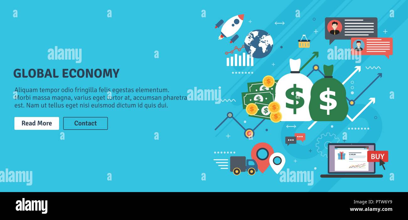 Economia globale, business grafico e successo commerciale. Il denaro e il successo in avvio. Finanza, affari, di avvio e di e-commerce icone, grafico e dati. Appartamento Illustrazione Vettoriale