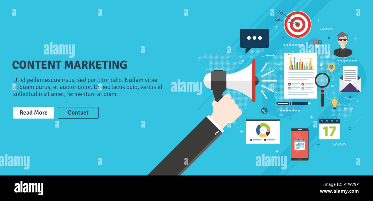 I contenuti di marketing, pubblicità e comunicazione in azienda, il contenuto digitale di promozione. Mano azienda megafono con lo smartphone, e-mail, persone e catrame Illustrazione Vettoriale