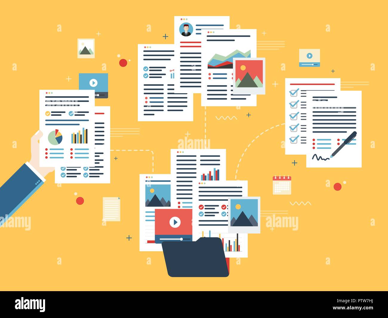 Cartella con documenti finanziari, i file di dati, video e foto. Le mani con i fogli dei dati di analisi. Contratto firma. Documenti aziendali pergamo Illustrazione Vettoriale