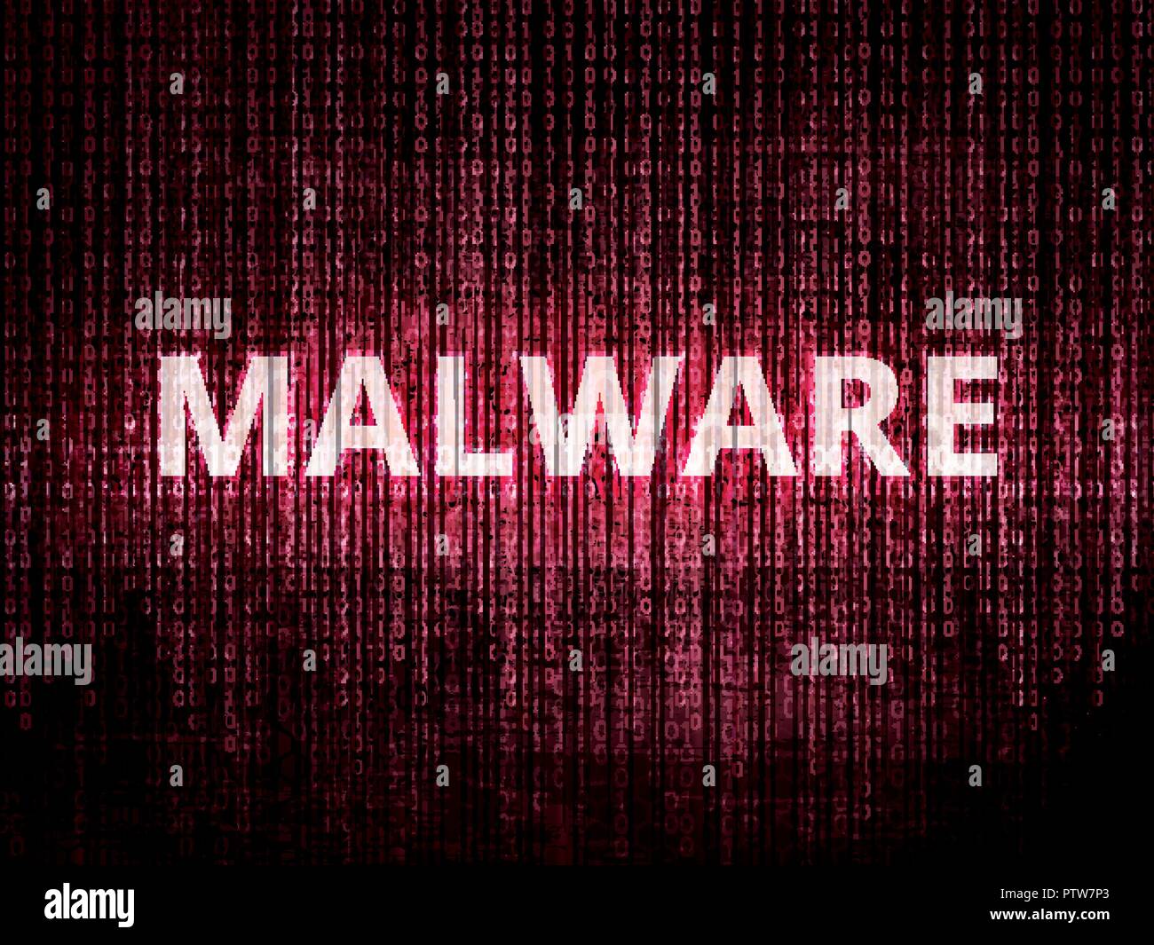Malware di testo sullo sfondo con codifica binaria in rosso. Concetto di invasione della privacy, attacco hacker, attacco a computer da virus, ransomware, malware Illustrazione Vettoriale