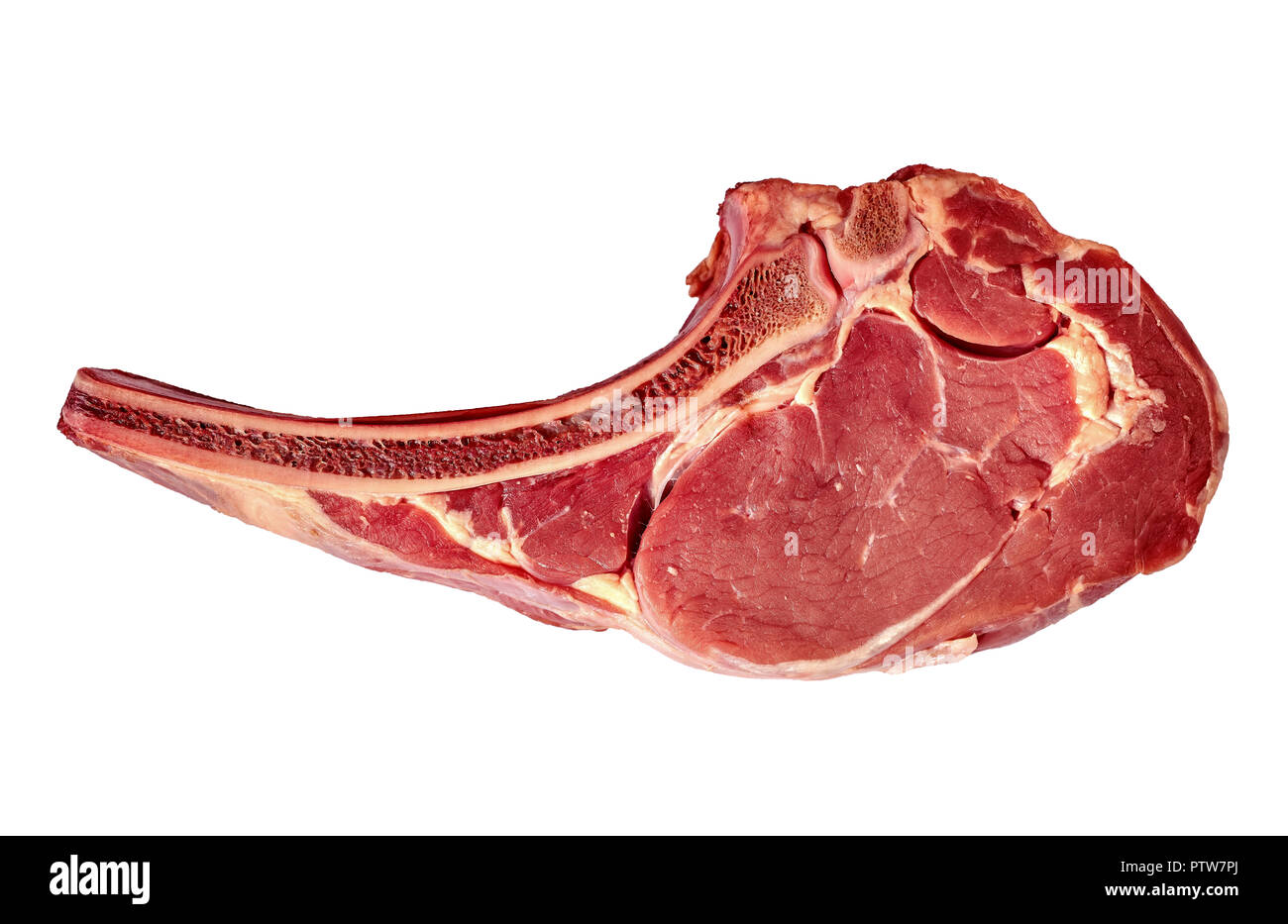 Età secco materie tomahawk bistecca isolati su sfondo bianco, vista frontale, close-up Foto Stock