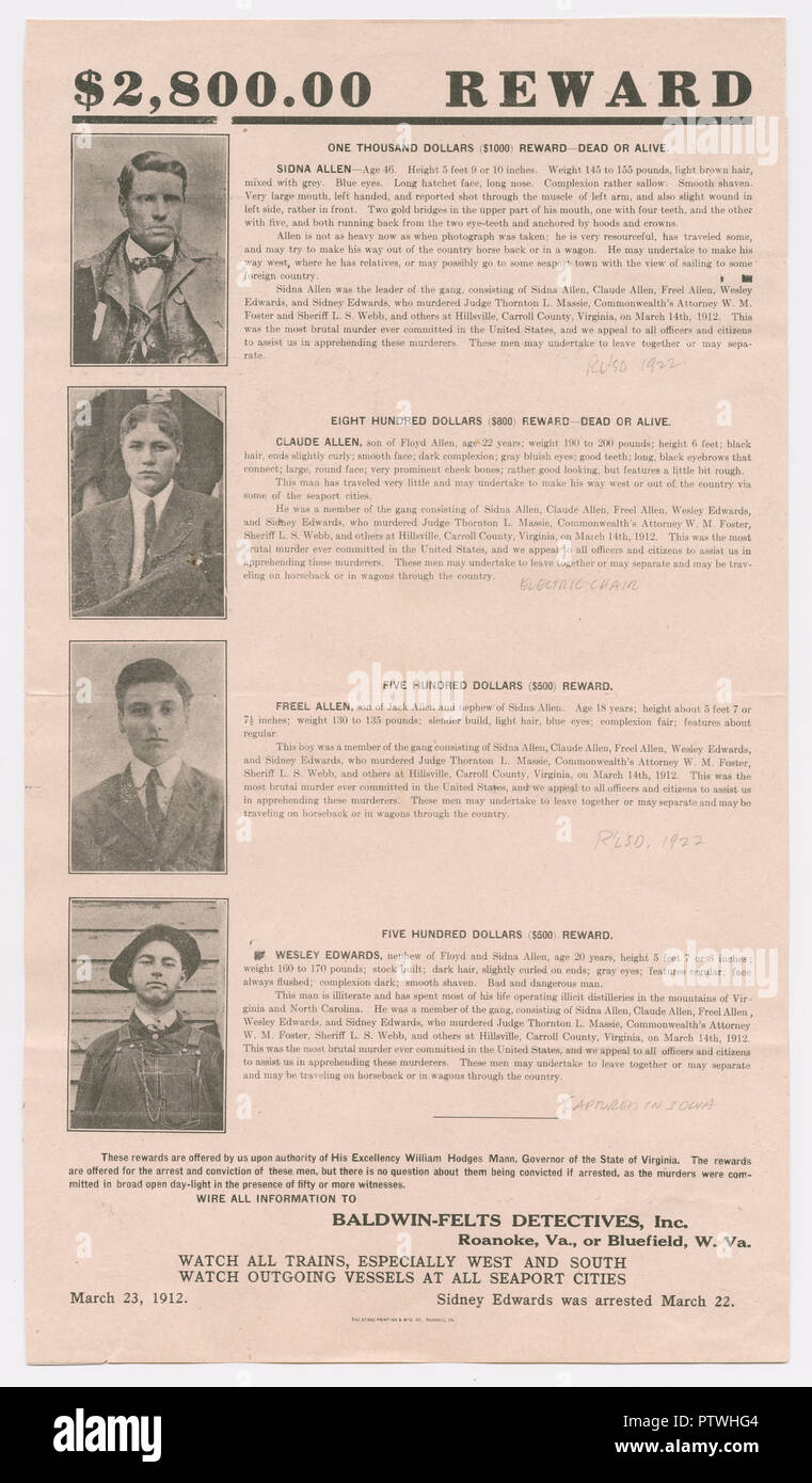 Manifesto Wanted , 1912 Foto Stock