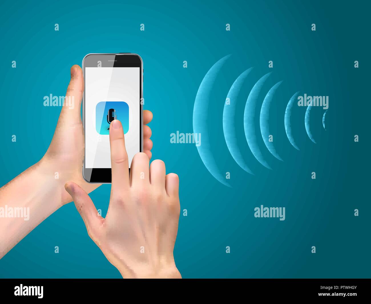 Mano con telefono cellulare con microfono e pulsante di tecnologie intelligenti in stile appartamento. Assistente personale e il riconoscimento vocale del concetto. Illustrazione Vettoriale Illustrazione Vettoriale