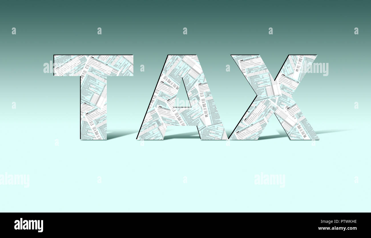 La parola "tassa" realizzato da moduli e documenti, contro pallido sfondo verde Foto Stock