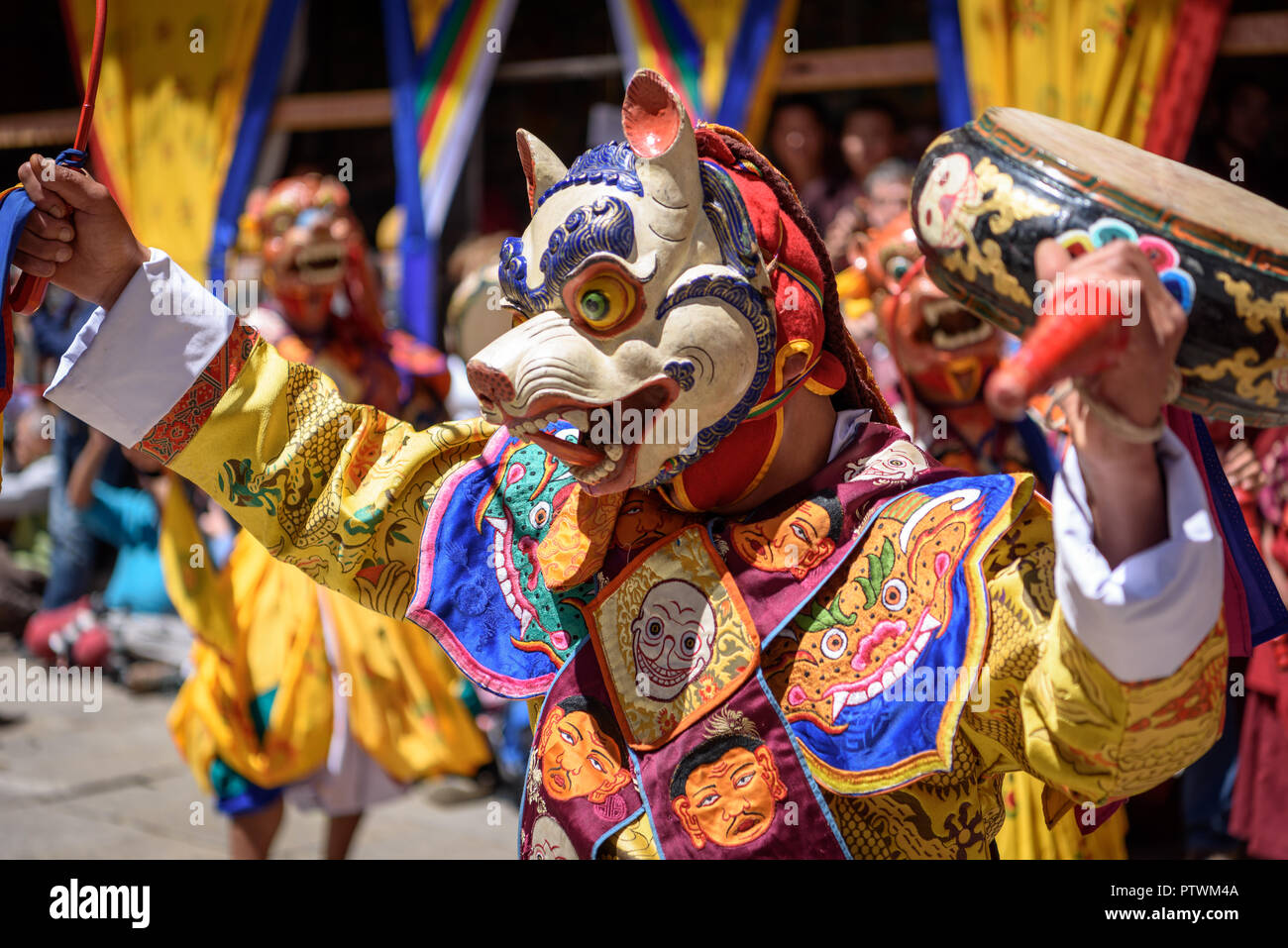 Monaco buddista dancing e tenendo un tamburo a maschera colorata danza al buddismo annuale di Paro Tsechu festival in Bhutan monastero tempio posizione. Foto Stock