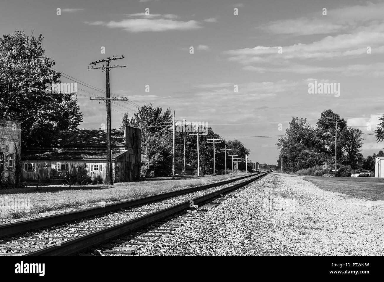 Immagine in bianco e nero di un palo telefonico rivestiti i binari della ferrovia che passa attraverso il vecchio villaggio rurale nel sud indiano durante il periodo estivo Foto Stock