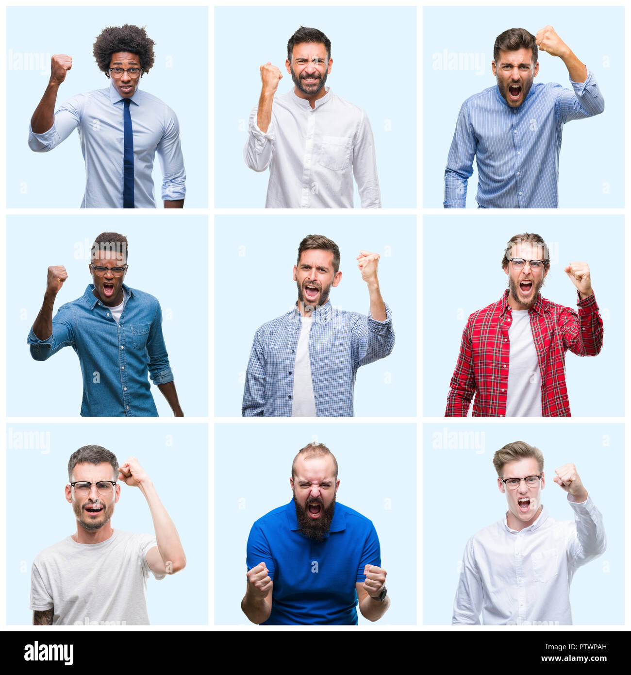 Collage di gruppo di business casual e gli uomini su sfondo isolato e arrabbiato mad sollevamento pugno frustrato e furiosa mentre grida con rabbia. Rage Foto Stock