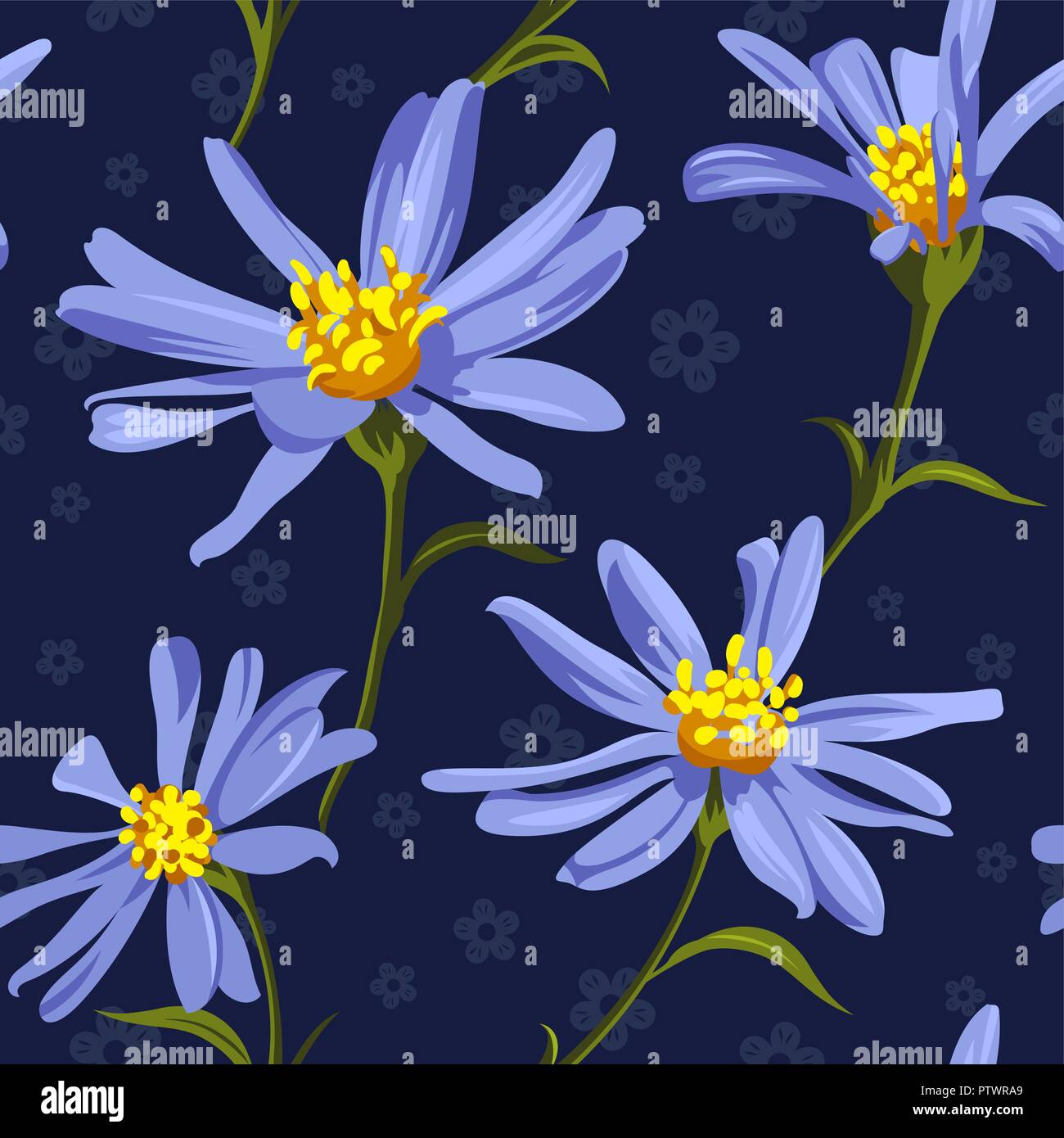 Floral seamless sfondo blu con fiori selvaggi. Utilizzare per il disegno di tessuto, riempimenti e decorare cartoline di auguri, inviti Illustrazione Vettoriale