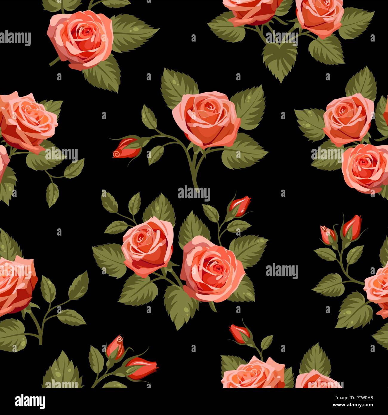 Floral background senza giunture con rose rosse sul nero. Utilizzare per il disegno di tessuto, riempimenti e decorare cartoline di auguri, inviti Illustrazione Vettoriale