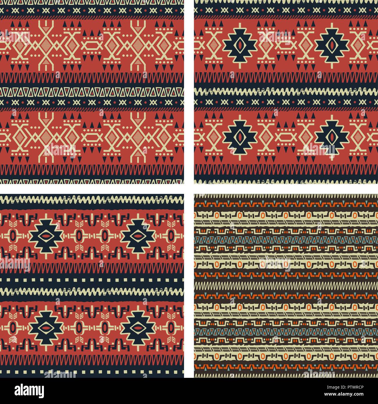 Set di disegnato a mano senza giunture di etnia sfondi. Modelli di tribali per il design. Utilizzare per tessuto, riempimenti, sfondo della pagina web. Zig-zag e fascia Illustrazione Vettoriale