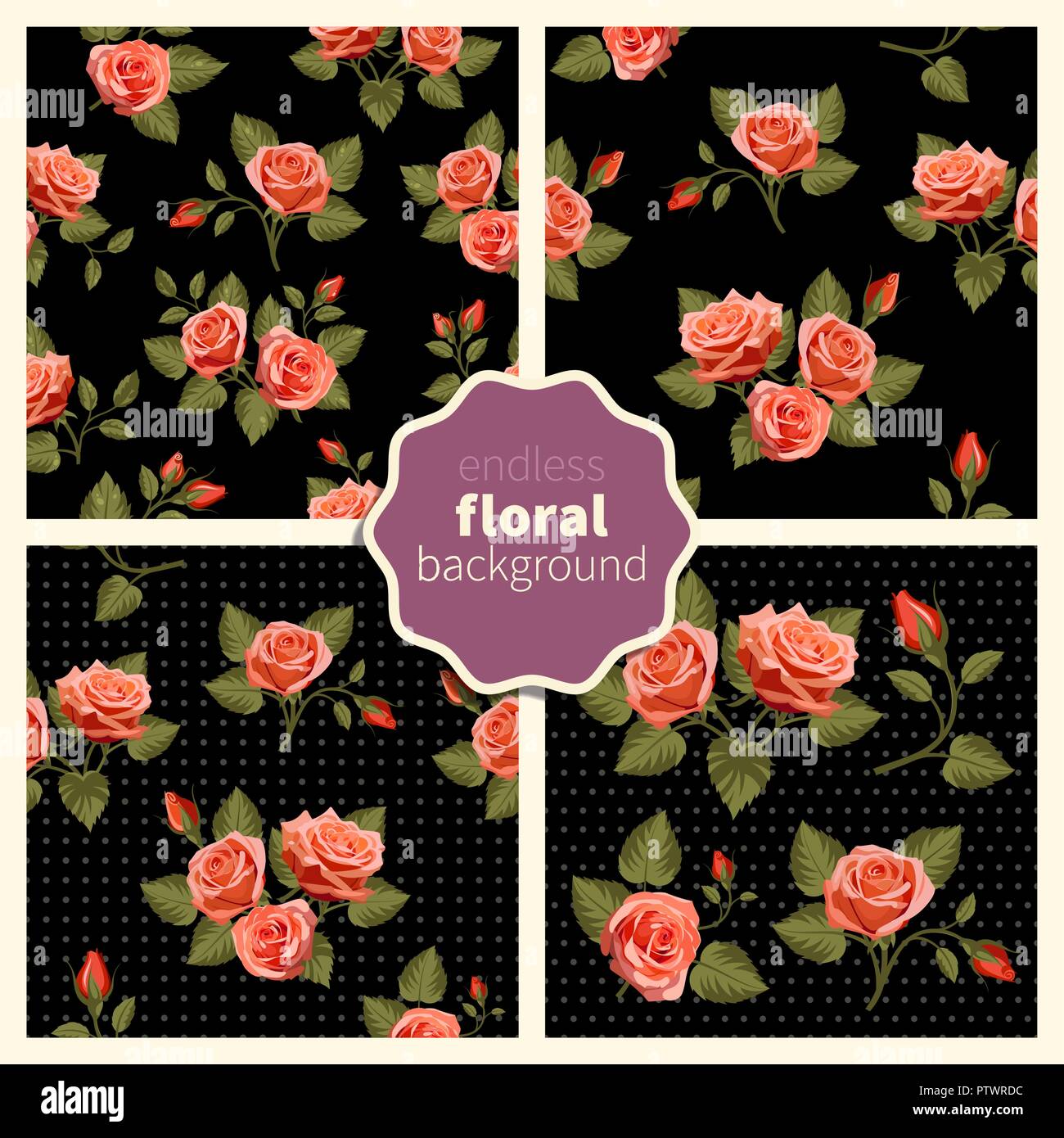 Set di moda modelli senza giunture con splendidi fiori. Vettore di astratta sfondi. Disegnate a mano sfondi con rose rosse. Utilizzare per il disegno di tessuto, patte Illustrazione Vettoriale