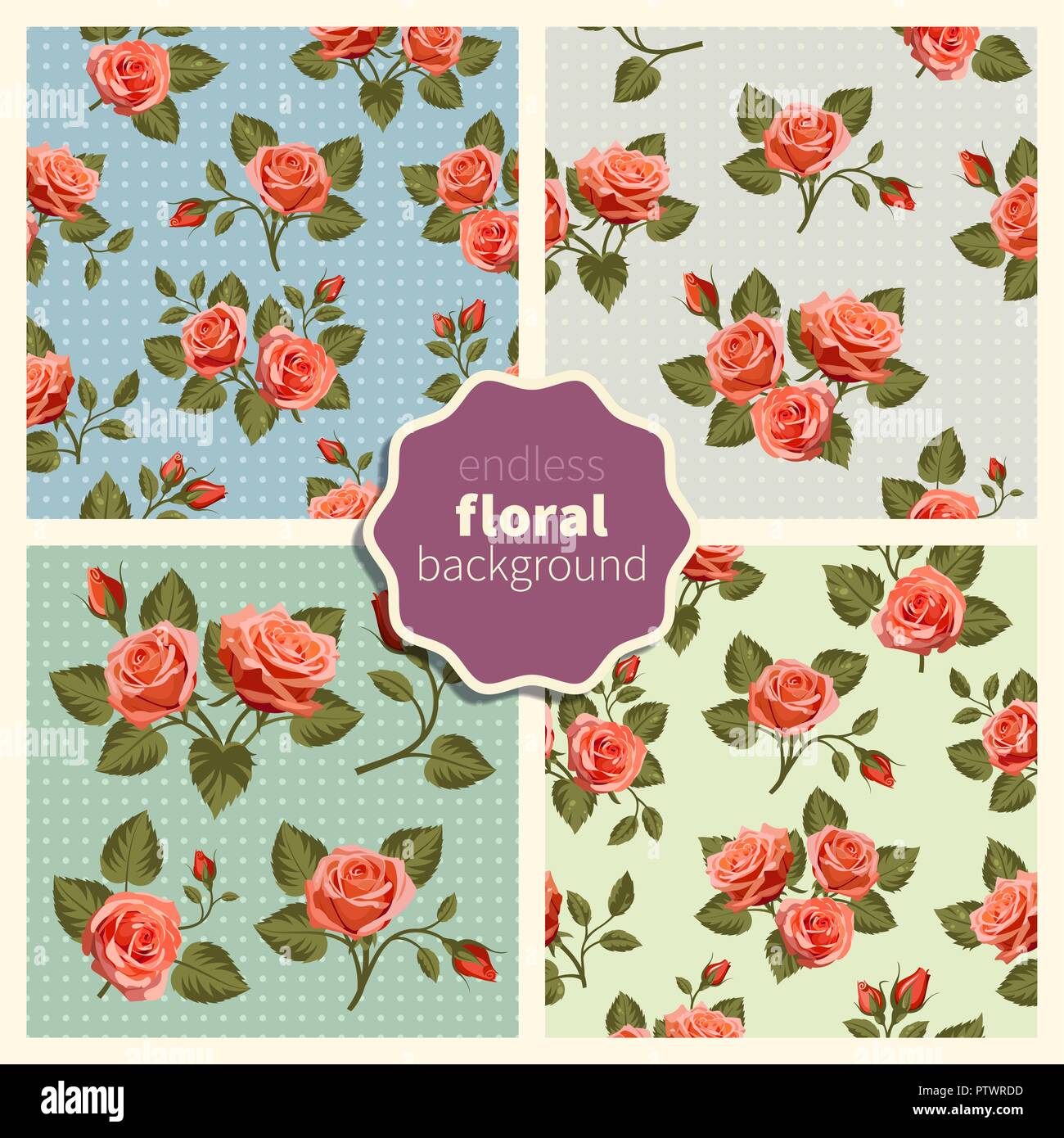 Set di moda modelli senza giunture con splendidi fiori. Vettore di astratta sfondi. Disegnate a mano sfondi con rose rosse. Utilizzare per il disegno di tessuto, patte Illustrazione Vettoriale