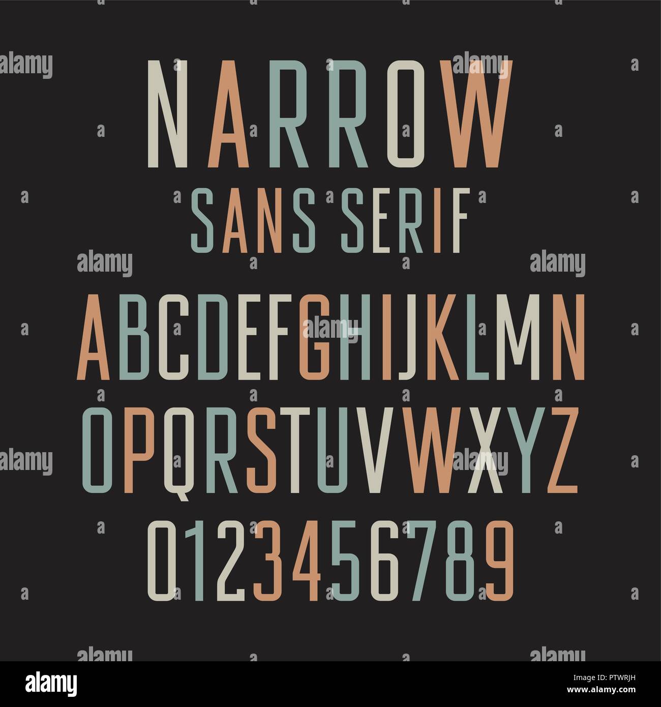 Restringere sans serif font. Condensati a mano lettere e numeri Illustrazione Vettoriale