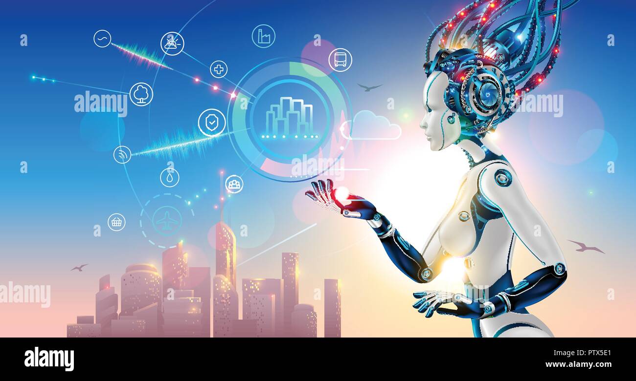 Intelligenza artificiale controlla smart city via internet e interfaccia hud con icone di infrastrutture urbane. tecnologia iot nelle tecnologie di informazione e comunicazione. Il robot o Cyborg donna con IA Illustrazione Vettoriale