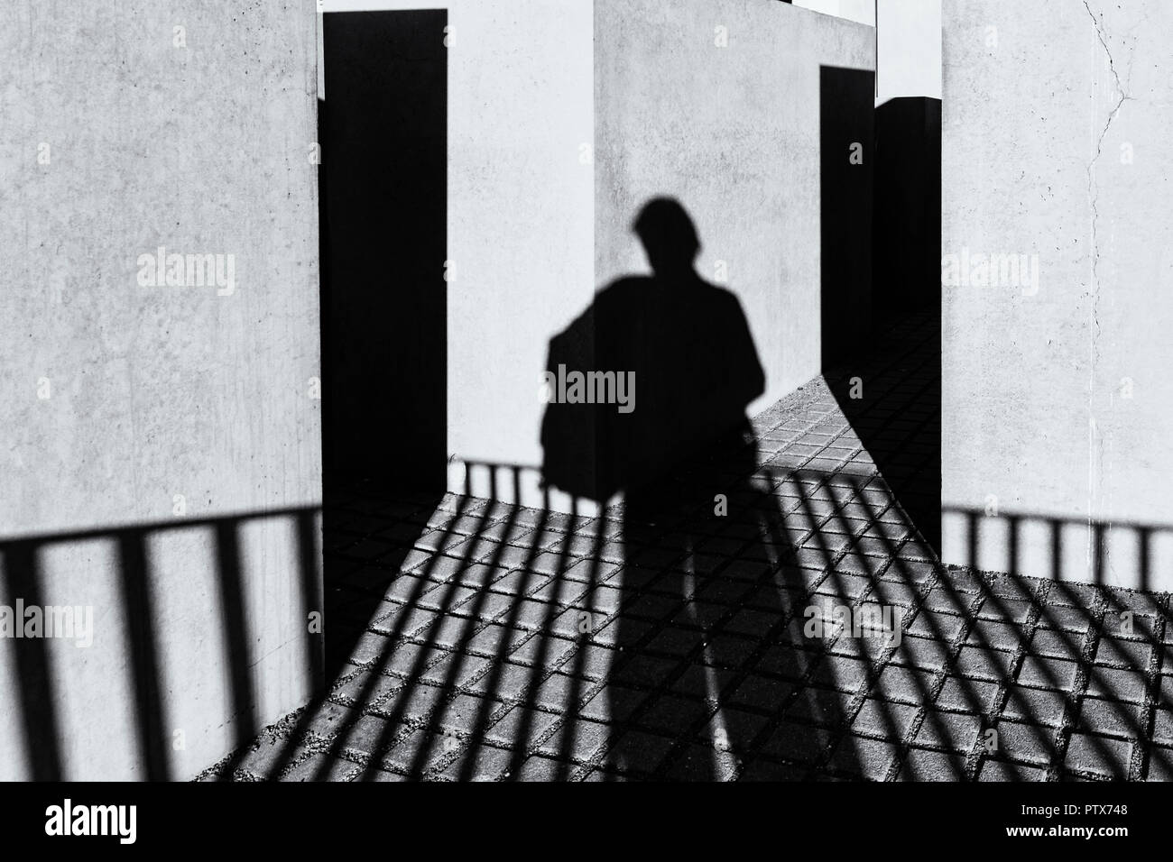 Berlino, Germania, Ottobre 08, 2018: l'ombra del fotografo (Selfie) al Memoriale dell Olocausto Foto Stock