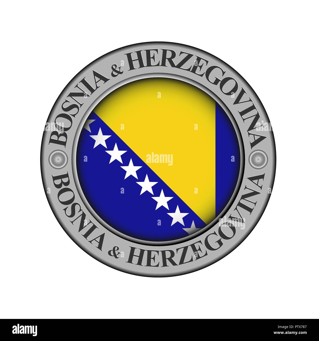 Rotondo di metallo medaglione con il nome del paese di Bosnia ed Erzegovina e un indicatore rotondo nel centro Illustrazione Vettoriale