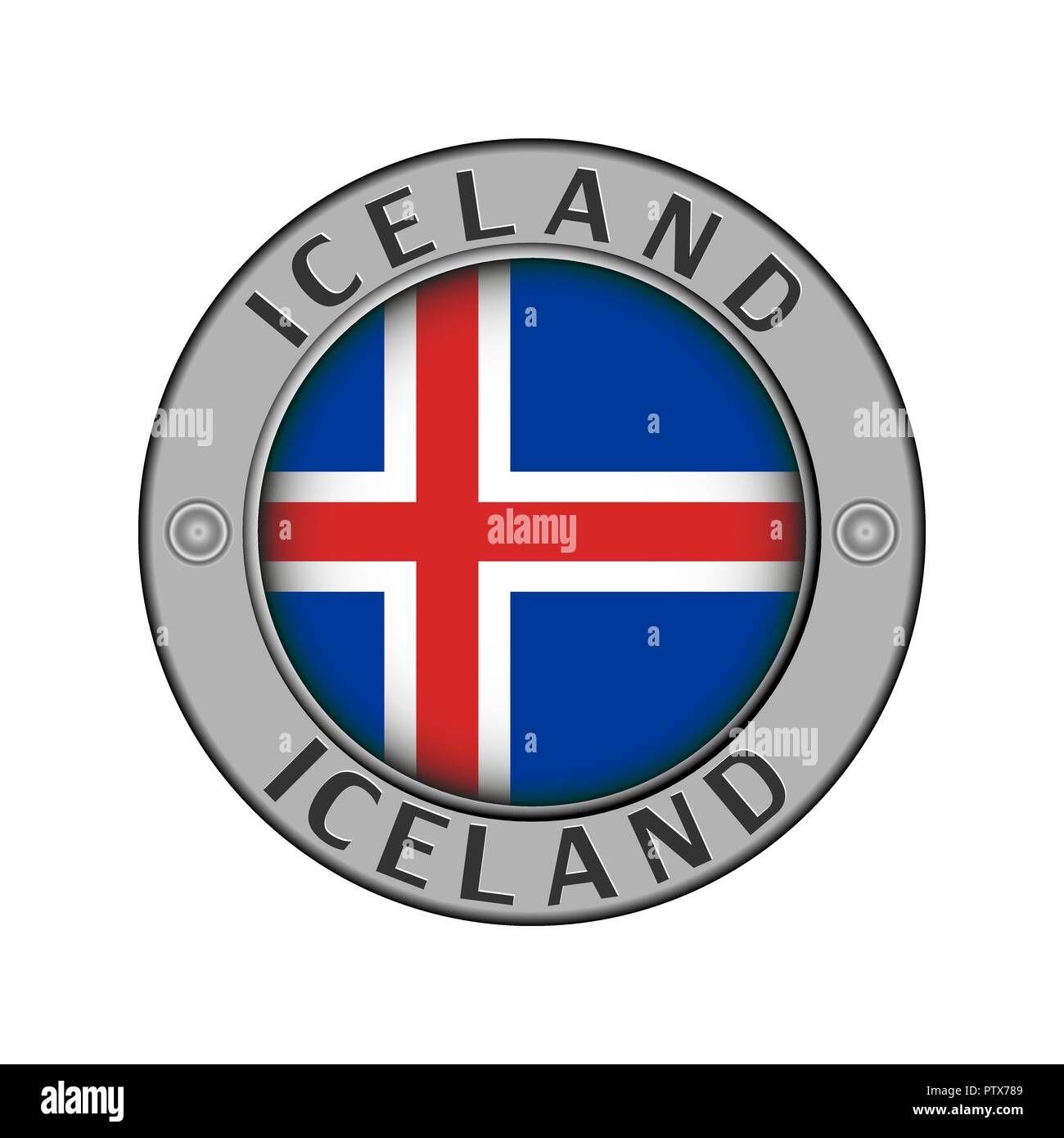 Rotondo di metallo medaglione con il nome del paese di Islanda e un indicatore rotondo nel centro Illustrazione Vettoriale