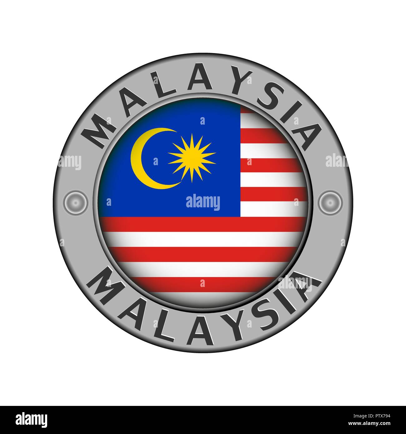 Rotondo di metallo medaglione con il nome del paese della Malaysia e un indicatore rotondo nel centro Illustrazione Vettoriale