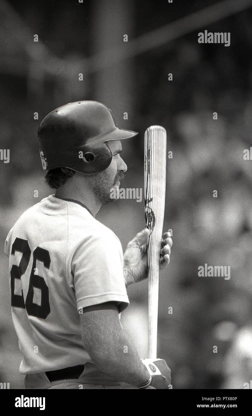 Anni Settanta, storico della Major League Baseball (MLB) STATI UNITI D'AMERICA, close-up di una pastella con casco in piedi con il suo bat nelle sue mani la valutazione della situtation del gioco. Foto Stock