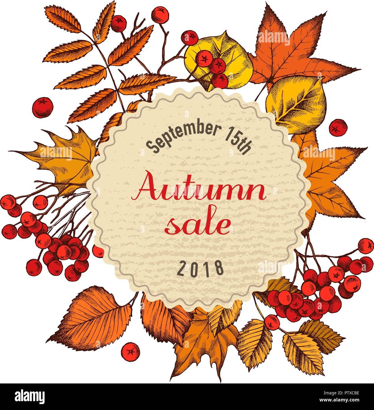 Round vendita autunnale emblema della carta su foglie di autunno. Disegnato a mano illustrazione vettoriale Illustrazione Vettoriale