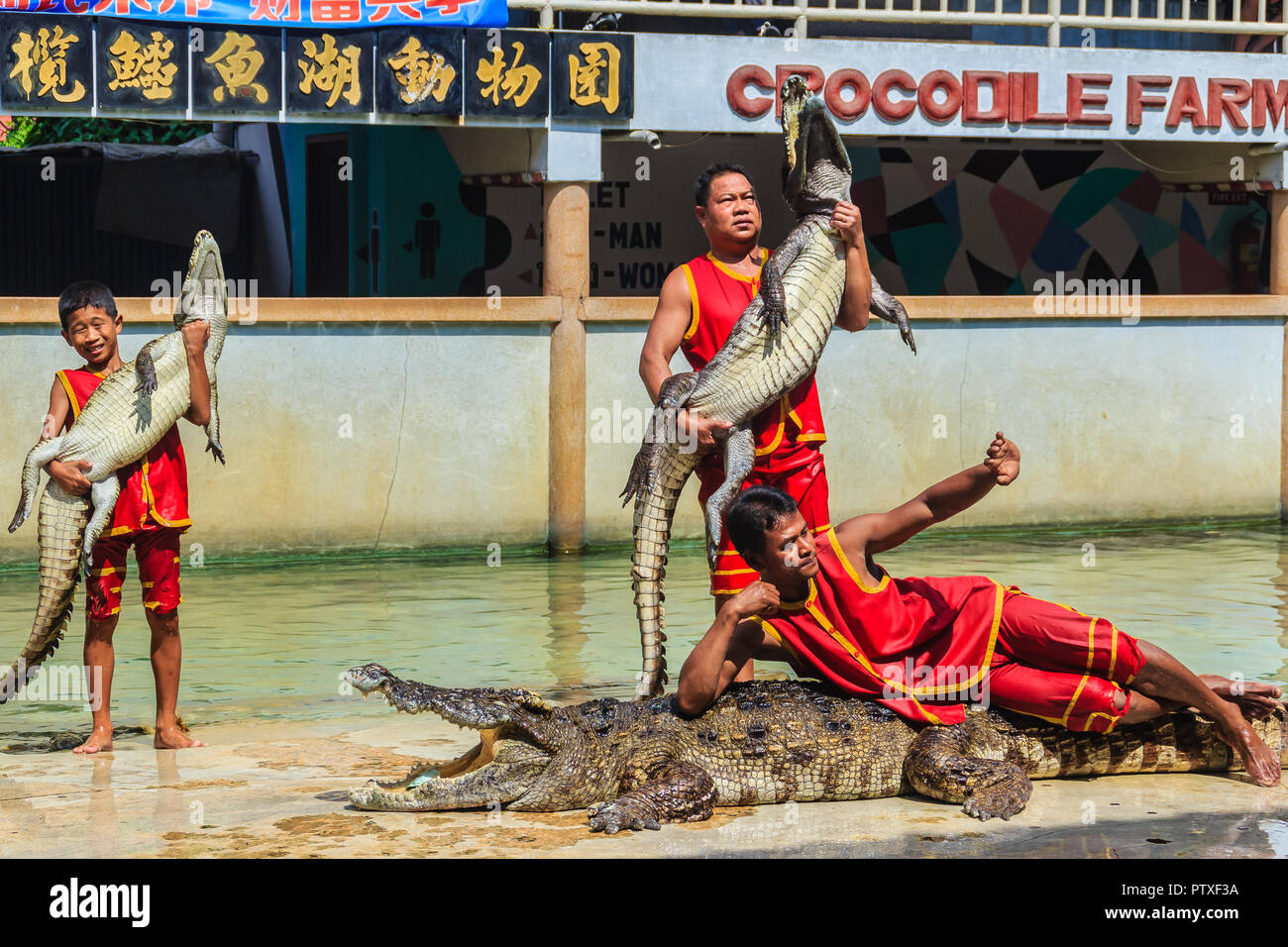 Samut Prakarn, Tailandia - 25 Marzo 2017: Boy e il suo team in coccodrillo pericolose mostra. Coccodrillo rischioso mostra in fattoria di coccodrilli, uno dei più impr Foto Stock