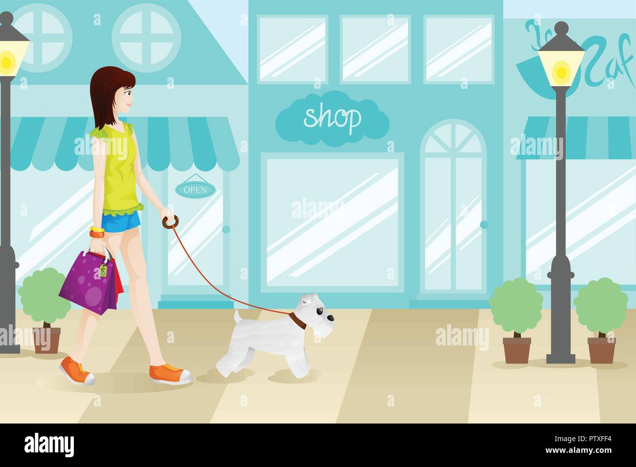 Una illustrazione vettoriale di Shopping donna con il suo cane Illustrazione Vettoriale