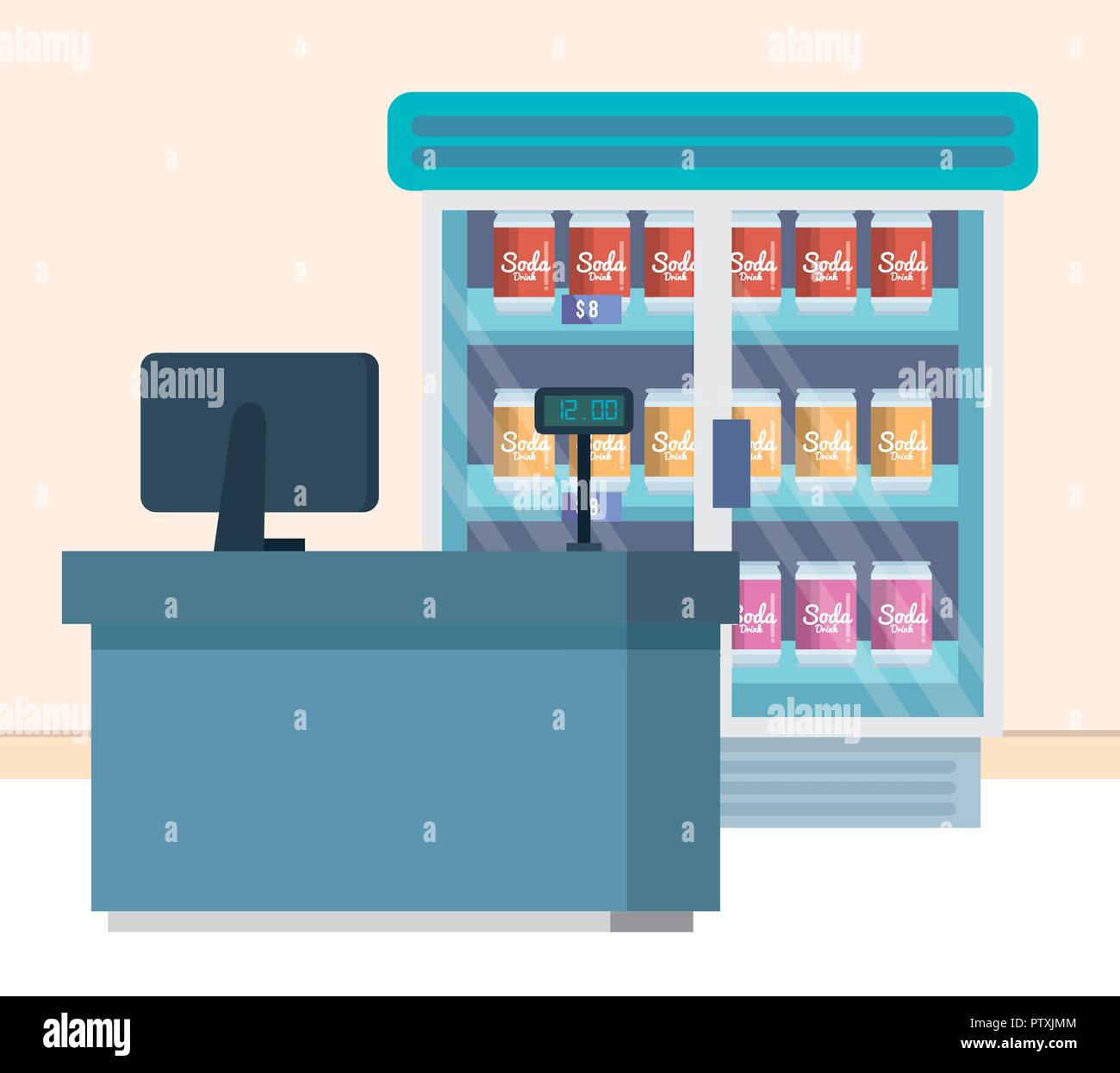 Supermercato frigorifero con prodotti e punto vendita Illustrazione Vettoriale