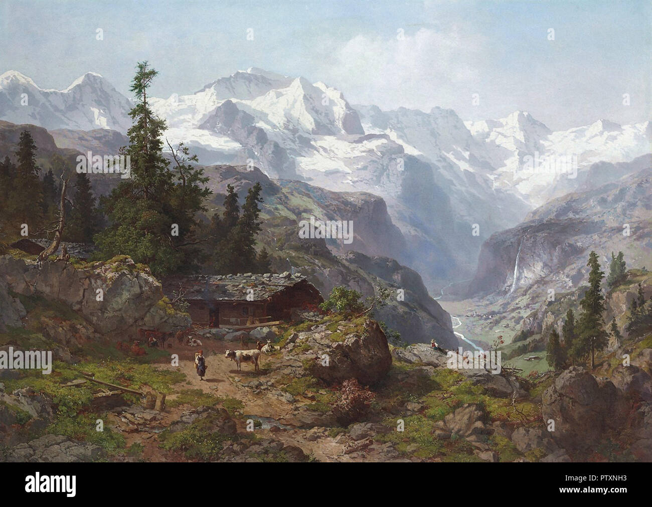 Il maggiordomo Joseph Nikolaus - Vista di Lauterbrunnen con Eiger, Mönch e Jungfrau montagne in distanza Foto Stock