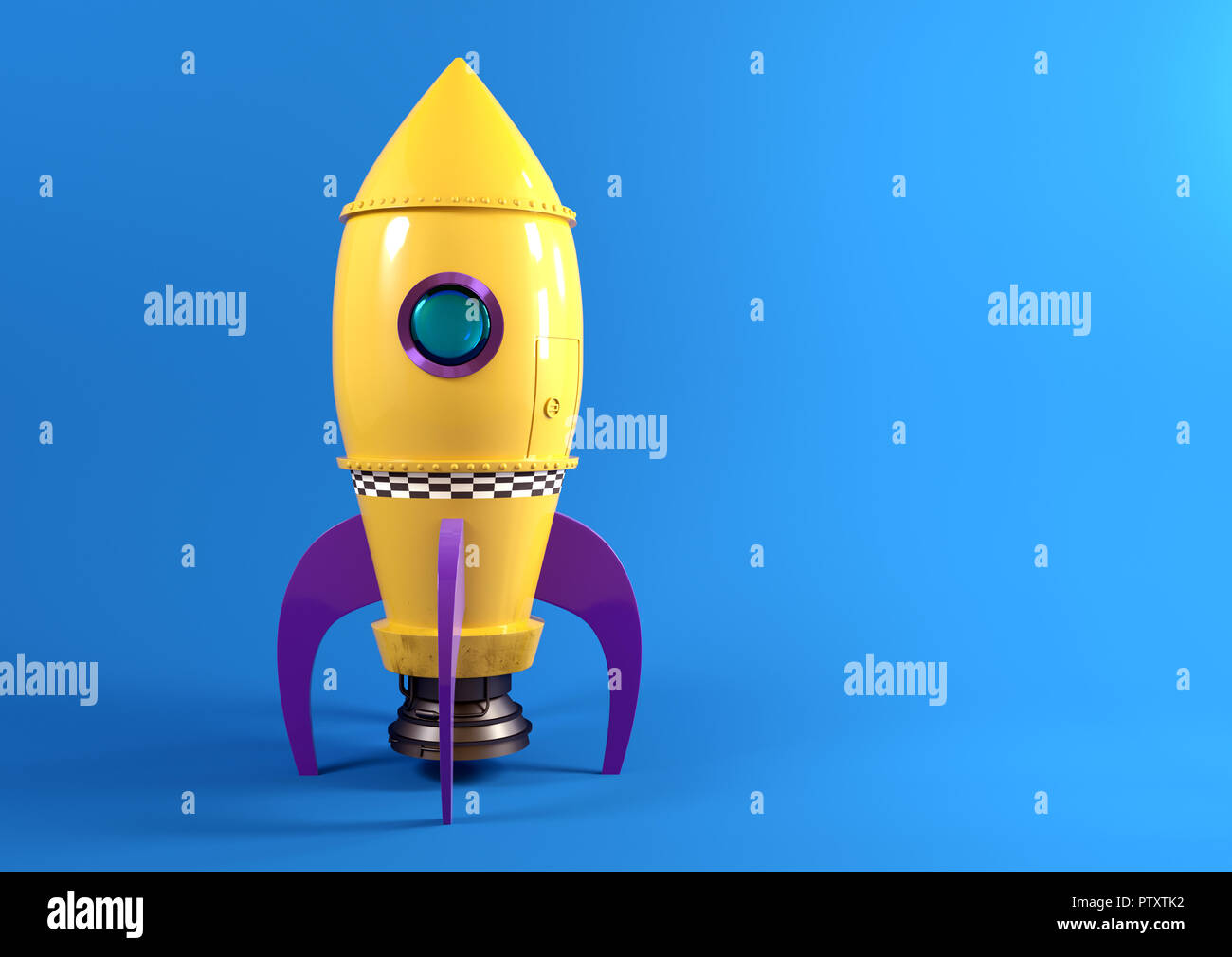 Un giallo retrò toy astronave razzo su uno sfondo blu pronto per il lancio 3D'illustrazione. Foto Stock