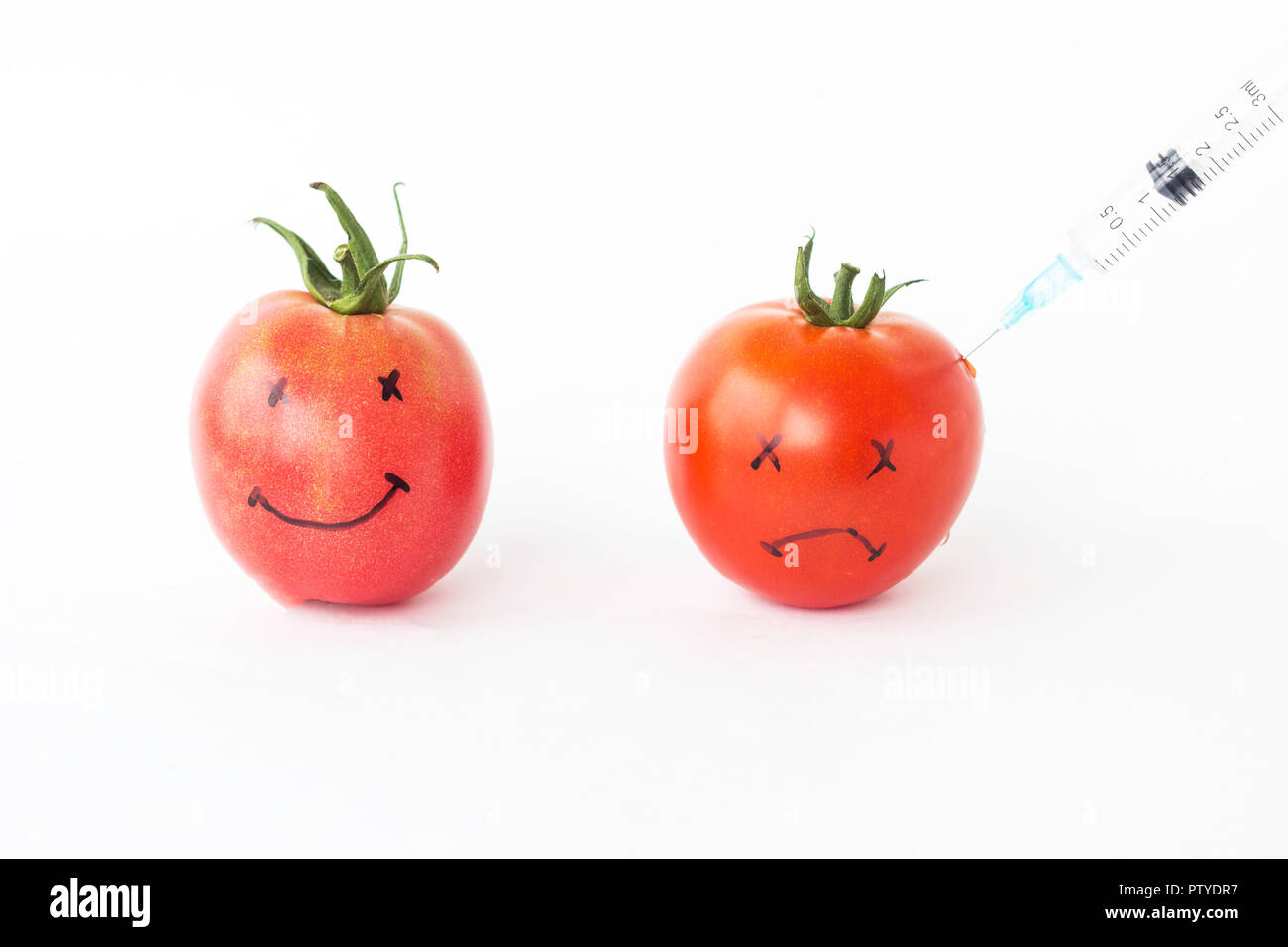 Pomodori su uno sfondo bianco con facce in cui sono infilati da una siringa ogm e nitrati, close-up, geneticamente Foto Stock