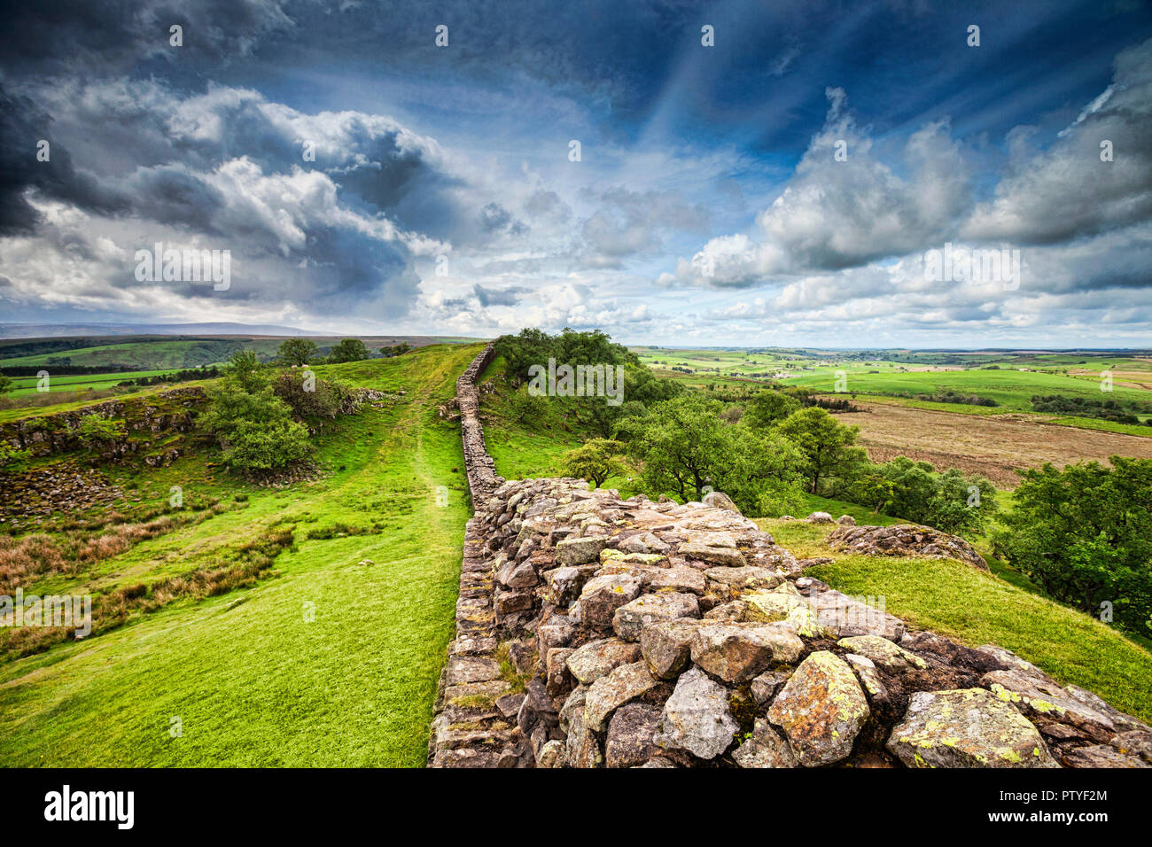 Il Vallo di Adriano, il 2000 anno vecchio muro costruito dai Romani Emporor Hadrian per mantenere gli scozzesi fuori dell'Inghilterra. Foto Stock