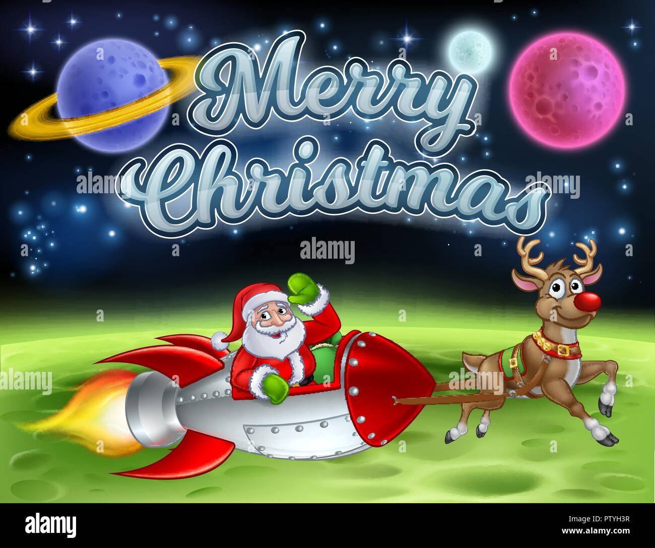 Babbo Natale con la slitta a razzo Merry Christmas Cartoon Illustrazione Vettoriale