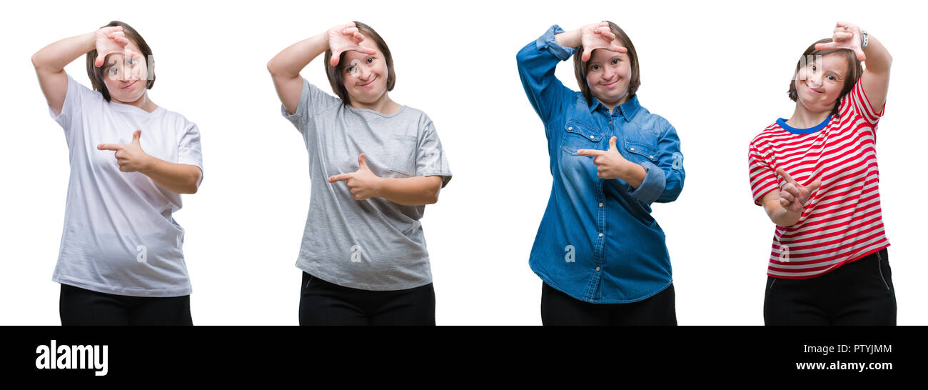 Collage di down sydrome donna sullo sfondo isolato sorridente rendendo il telaio con le mani e le dita con la faccia felice. La creatività e il concetto di fotografia Foto Stock