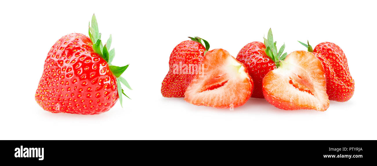 Intero e le fragole tagliate su sfondo bianco Foto Stock